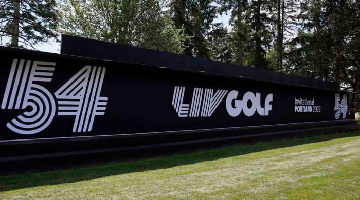 Golf signage is seen during the second round of the 2022 LIV Golf tournament at Pumpkin Ridge Golf Club.